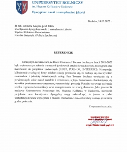 Letter of recommendation from H. Kołłątaj Agricultural University in Kraków